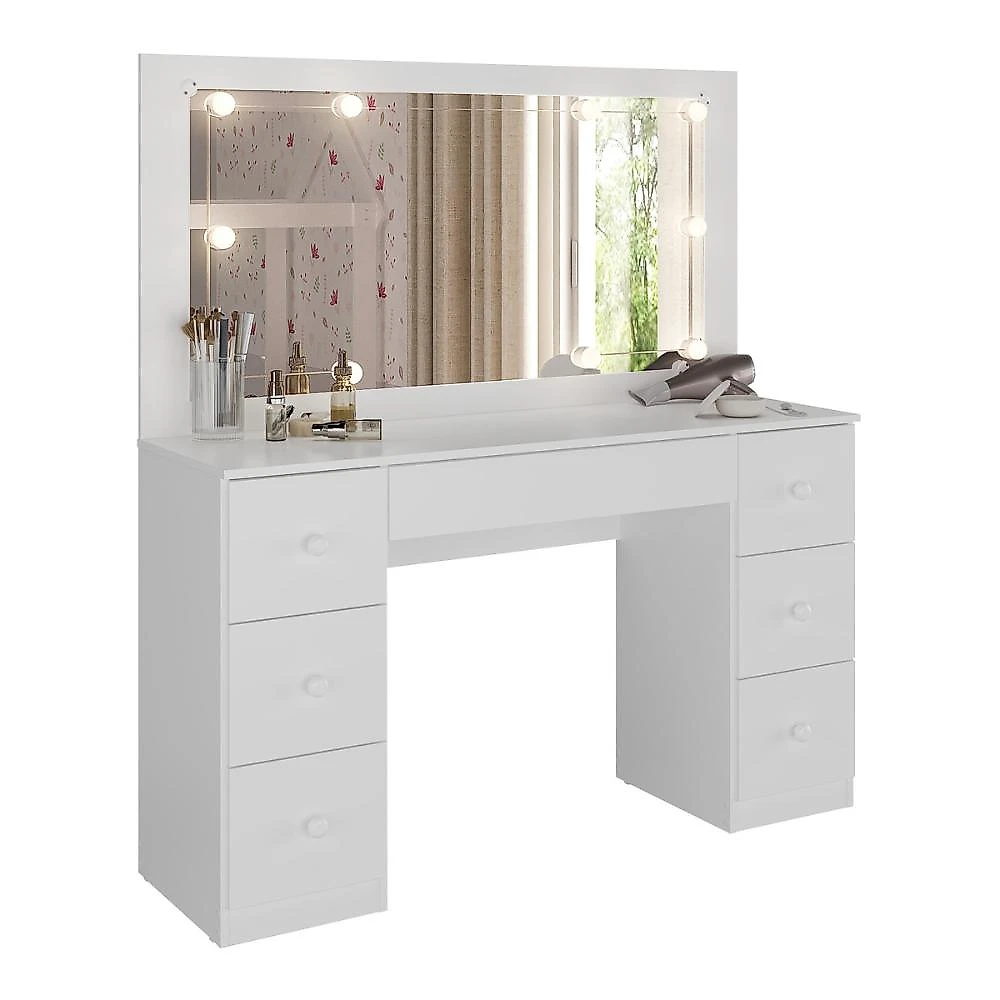 Miniatura Penteadeira Camarim com Espelho e LED 7 Gavetas Flex Isis Multimóveis MP6098 Branco/Madeirado