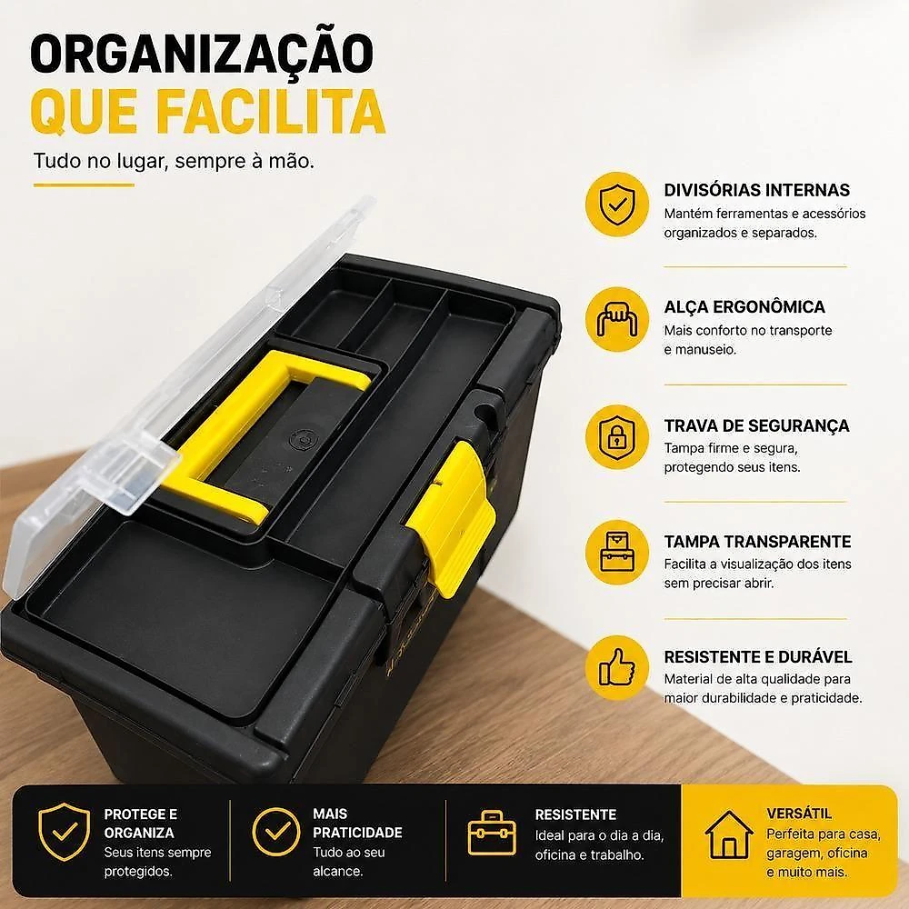 Caixa de Ferramentas Preta com Organizador e Bandeja Removível Multiuso Yeet