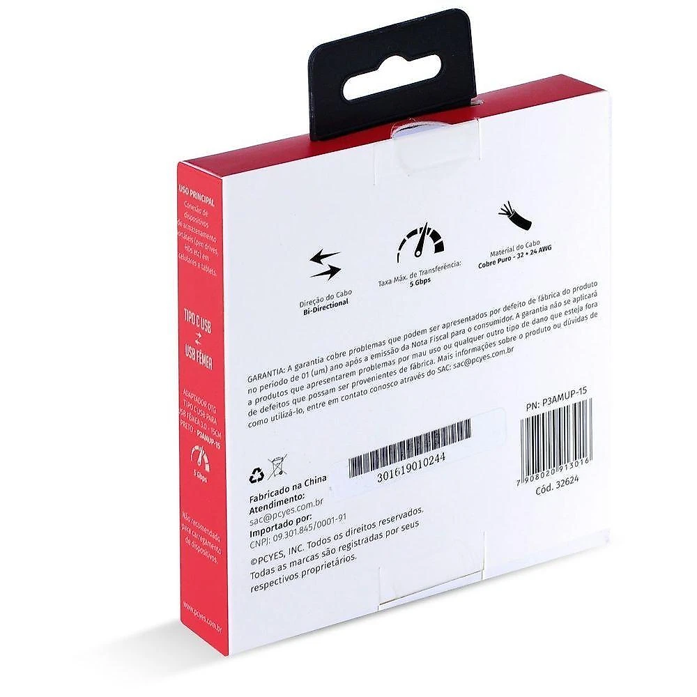 Cabo Adaptador OTG Tipo C para USB a 3.0 15CM com Dados 5GBPS e Carregamento Preto Pcyes