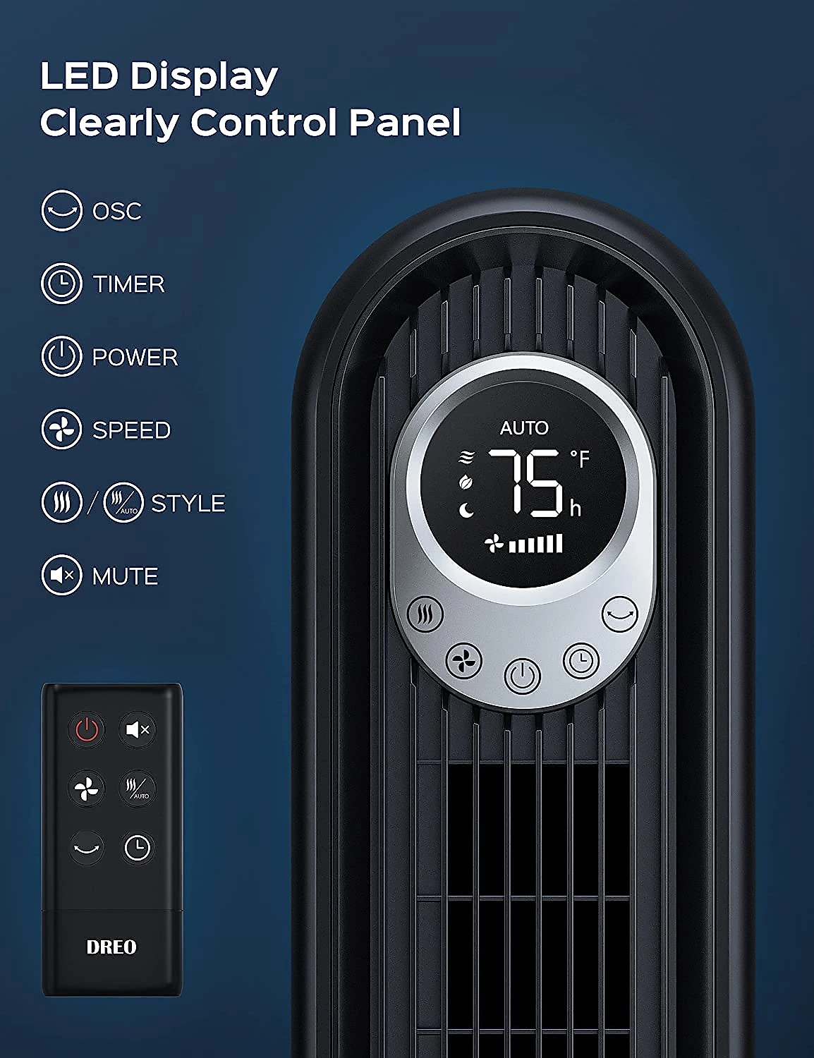 Dreo Ventilador em Torre cControle Remoto e Display de LED 6 Velocidades Preto