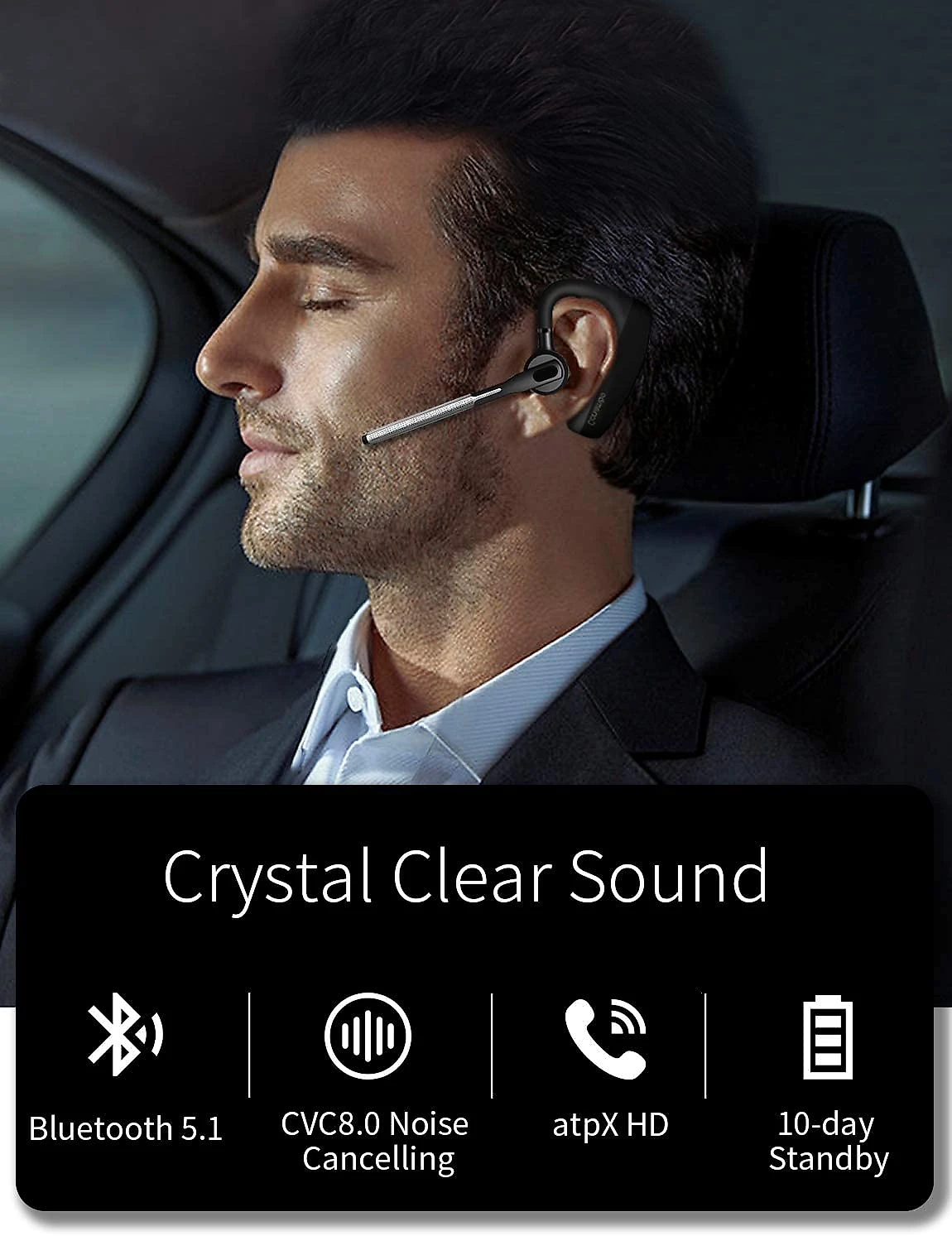 CONAMBO Fone de ouvido sem Fio Headset Bluetooth para Chamadas com Microfone Preto