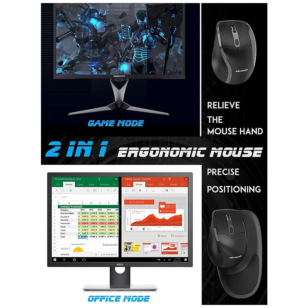 Mouse Ergonômico Semi Vertical com Fio Reduz a Tensão do Pulso com Botões Programáveis, 1000, 4800 DPI 6 Botões, NEWT...