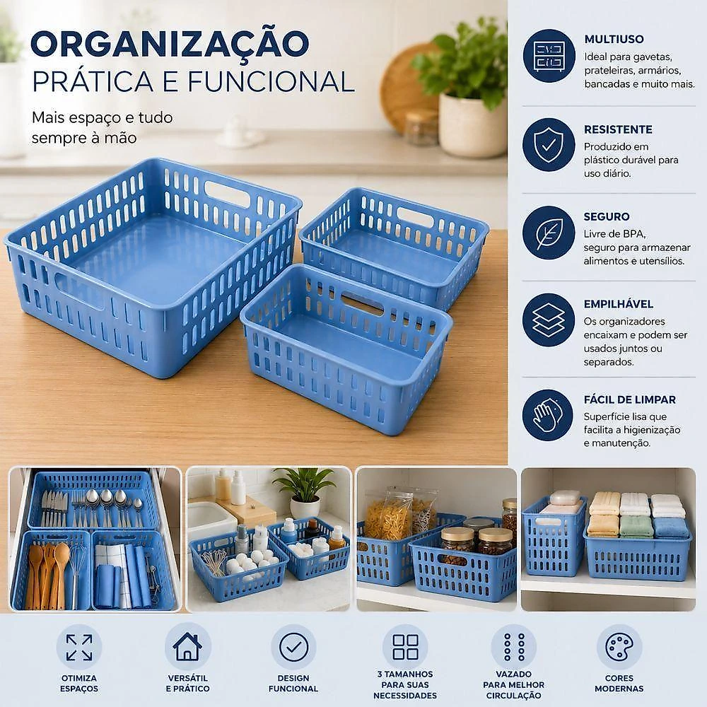 Cesto Organizador Kit 3 278 Multiuso Polipropileno Livre de BPA Modular para Gaveta Armario Cozinha