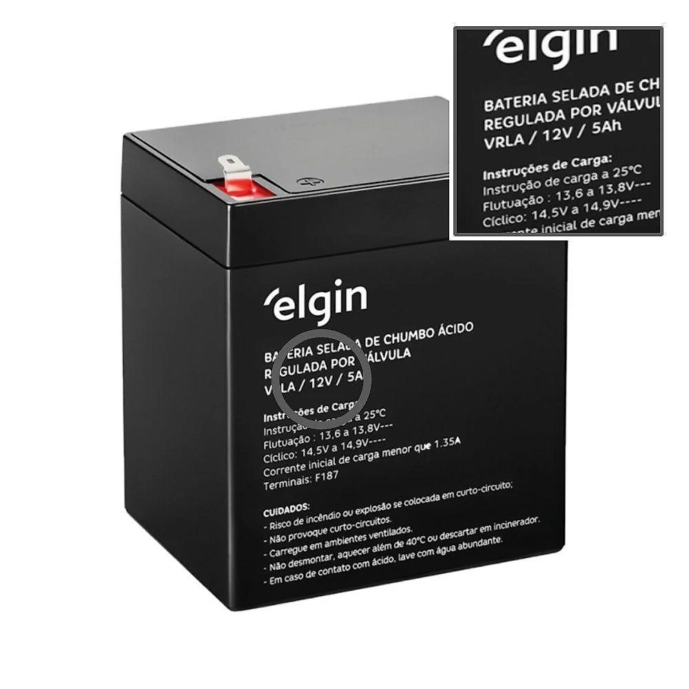 Bateria Selada F187 12V 5Ah VRLA-AGM com Terminais FAST ON Preto Elgin