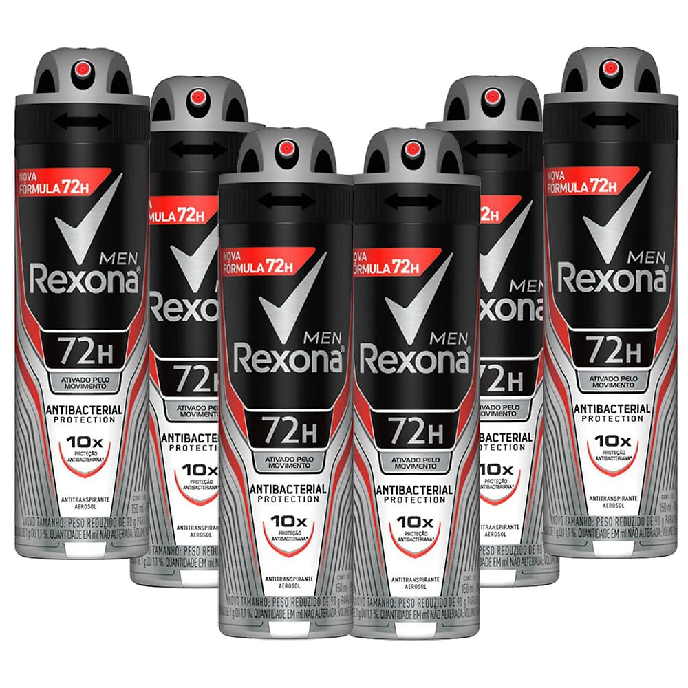 Kit 6X 150ml Desodorante Rexona Antibacterial Protection Men Aerosol Antitranspirante 72h