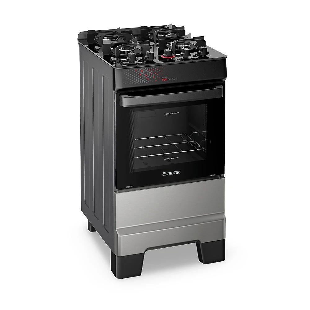 Fogão A Gás Mesa De Vidro Forno 50L Esmaltec Ideal Top Glass Inox 4 Bocas Bivolt