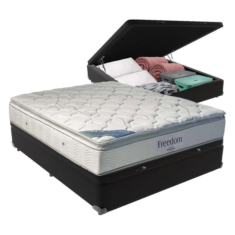 Cama Box com Baú Casal Freedom Pillow Top Molas Ensacadas Preto Ortobom 138CM