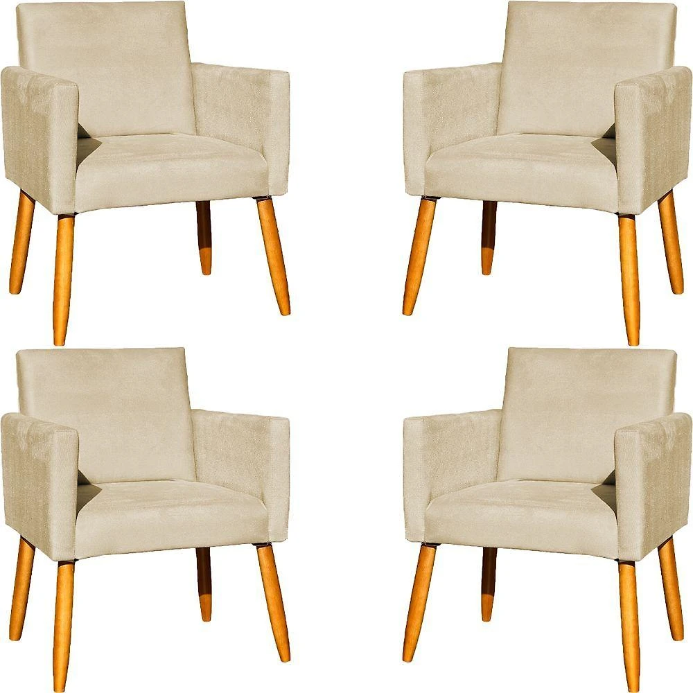 Kit 4 Poltrona Para Sala Recepção Consultório Cadeira Nina Pés Palito Bege Suede
