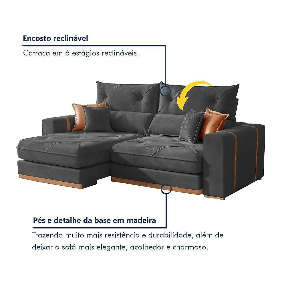 Sofá Montreal 3 Lugares Retrátil e Reclinável 230CM Cinza