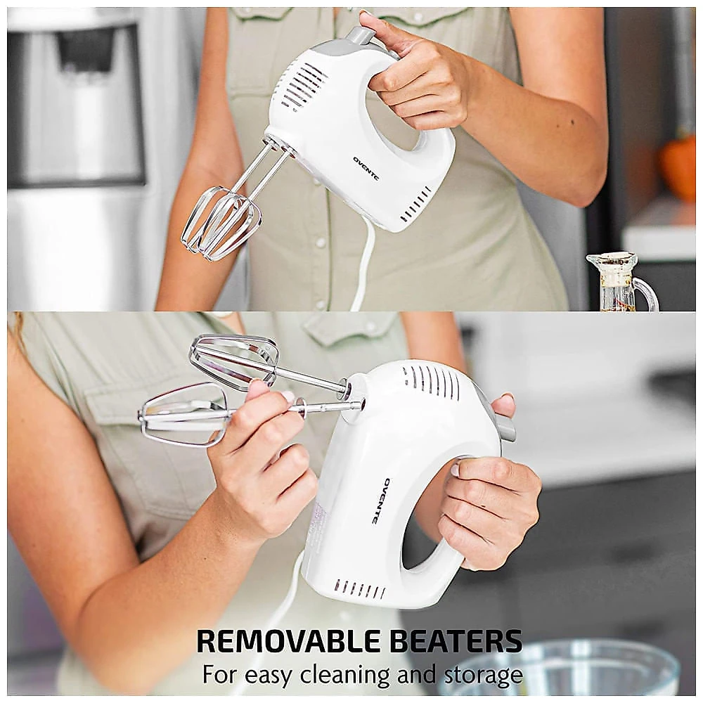 Batedeira Manual Elétrica OVENTE 5 Velocidades com Batedor de Aço Inoxidável, Estojo de Armazenamento Snap-On, Motor Portátil de 150W, Compacta
