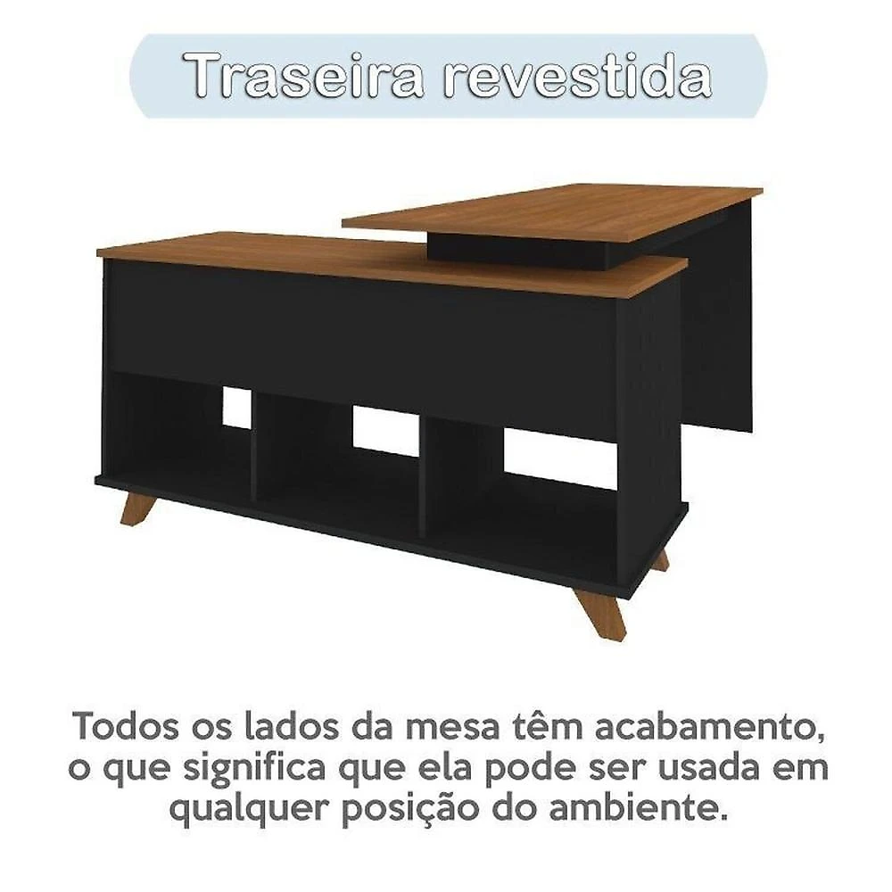 Conjunto 3 Peças 1 Escrivaninha em L Gold 1 Balcão Lugano 1 Gaveteiro Day Espresso Móveis Freijó/Preto