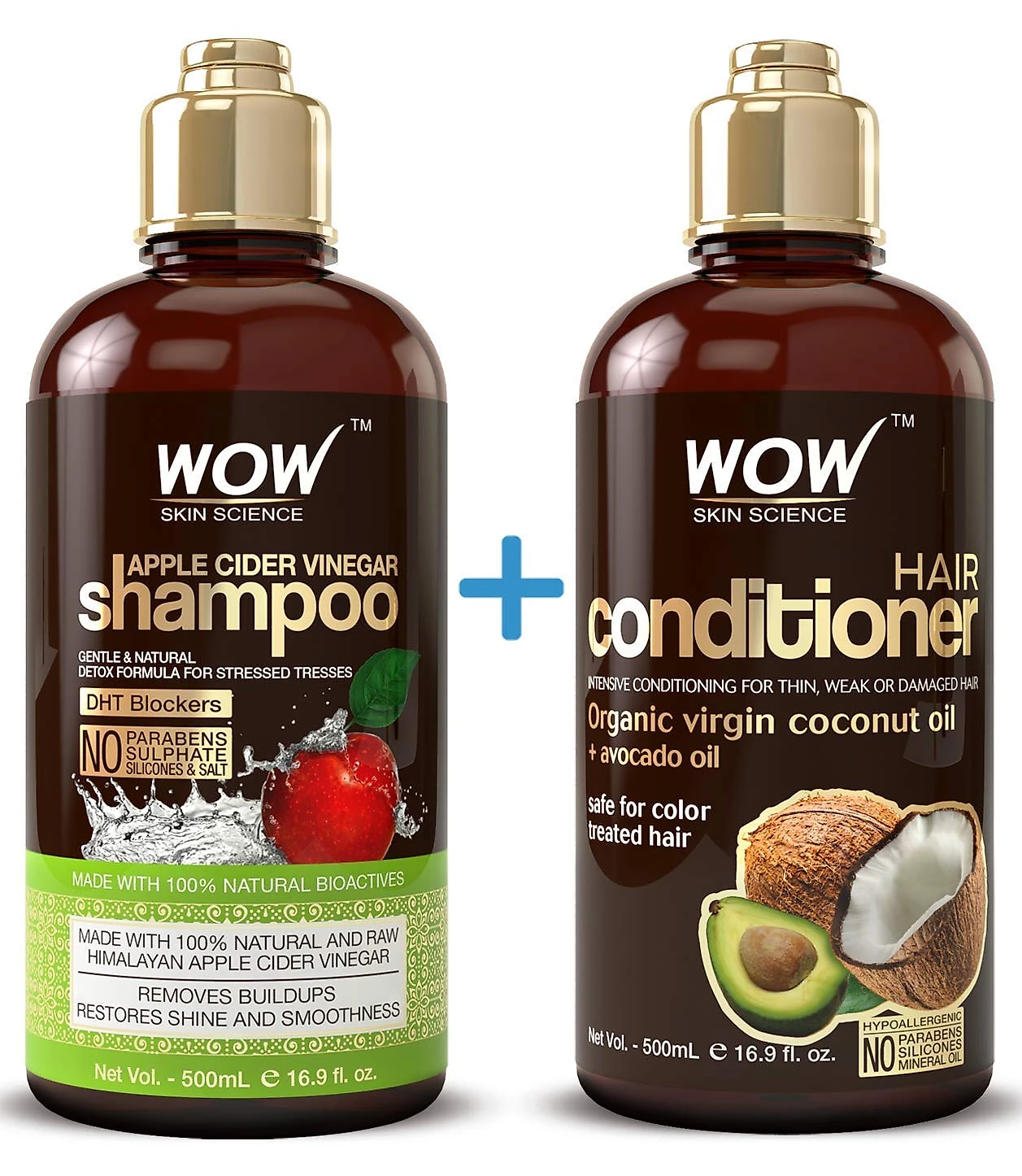 Shampoo e Condicionador Óleo de Coco e Abacate Virgem Reduz a Coceira Caspa e Frizz 500ml