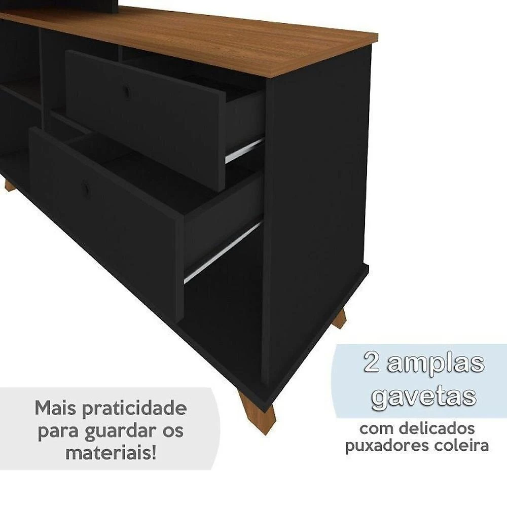 Conjunto 3 Peças 1 Escrivaninha em L Gold 1 Balcão Lugano 1 Gaveteiro Day Espresso Móveis Freijó/Preto