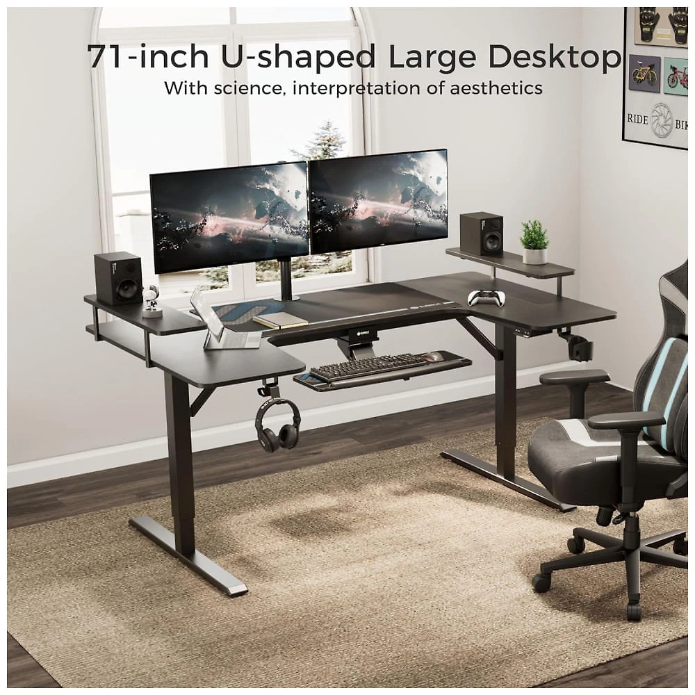 Mesa Gamer Ergonômica  74" 187 cm com Altura Ajustável, Ganchos para Fones de Ouvido, Prateleiras Conversíveis e Suporte para Monitor, 110V, EUREKA 110v