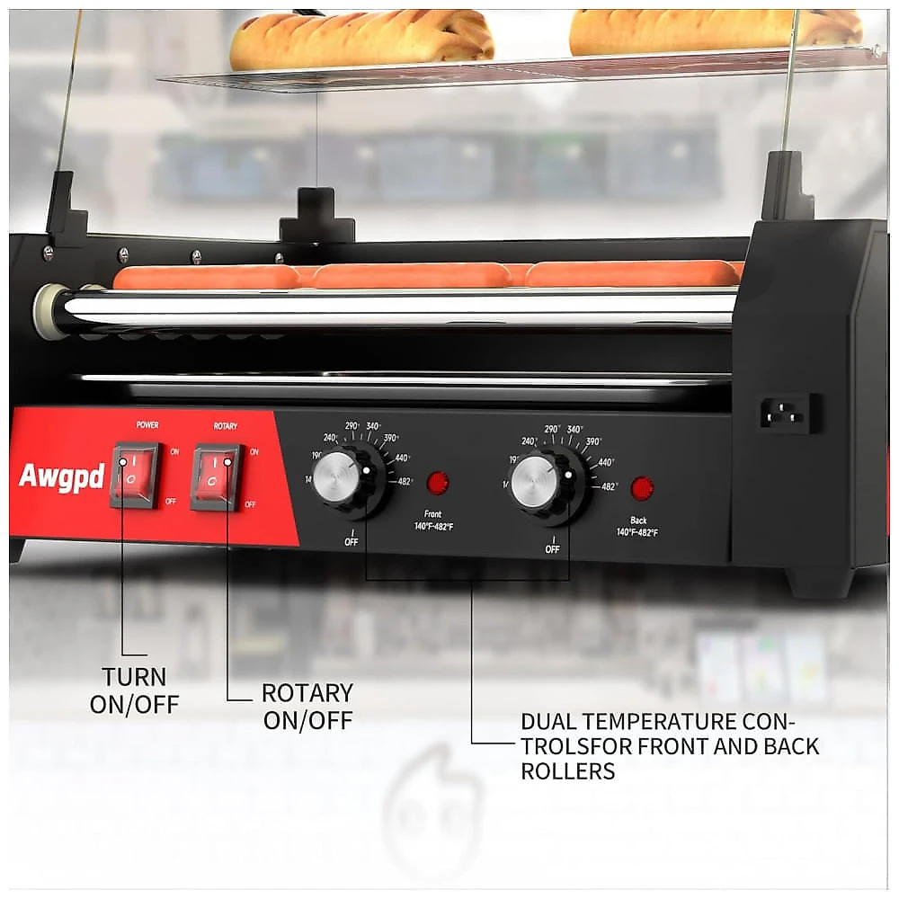 Máquina de Salsicha Hot Dog Awgpd, 12 hot dogs e 5 rolos antiaderentes, com tampa de vidro, bandeja coletora, controle de temperatura duplo 110v