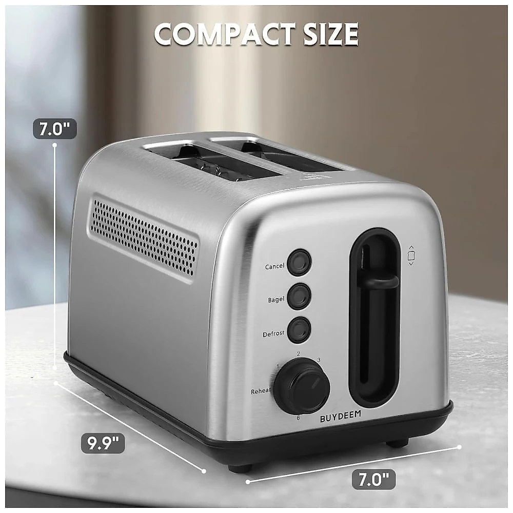 Torradeira BUYDEEM DT420 2 Fatias em Aço Inoxidável com Slots Extra Largos, 6 Configurações de Tostagem, Design Compacto Retro Prateado