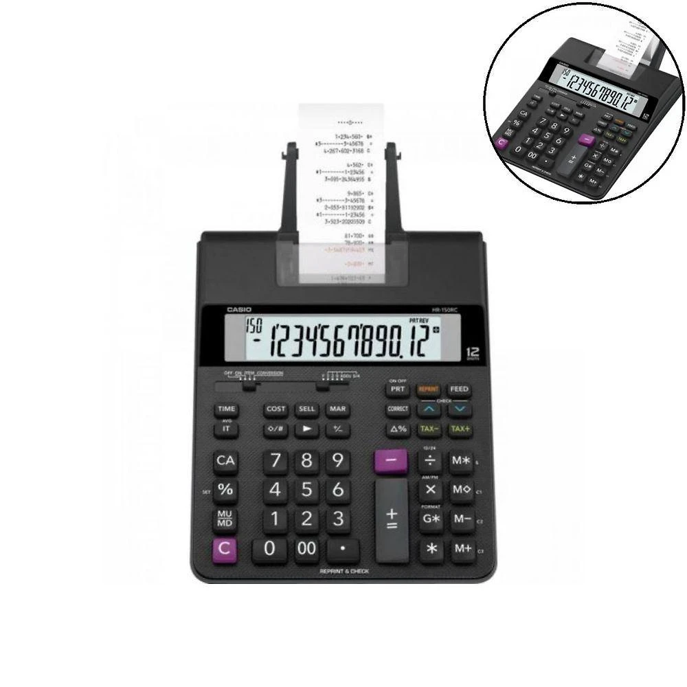 Calculadora com Bobina Compacta Casio HR150RC-B Impressão em 2 Cores Relógio e Calendário Preta