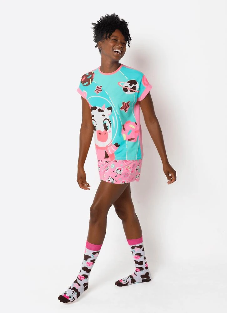 Pijama manga curta viscolycra feminino vaca chocolate