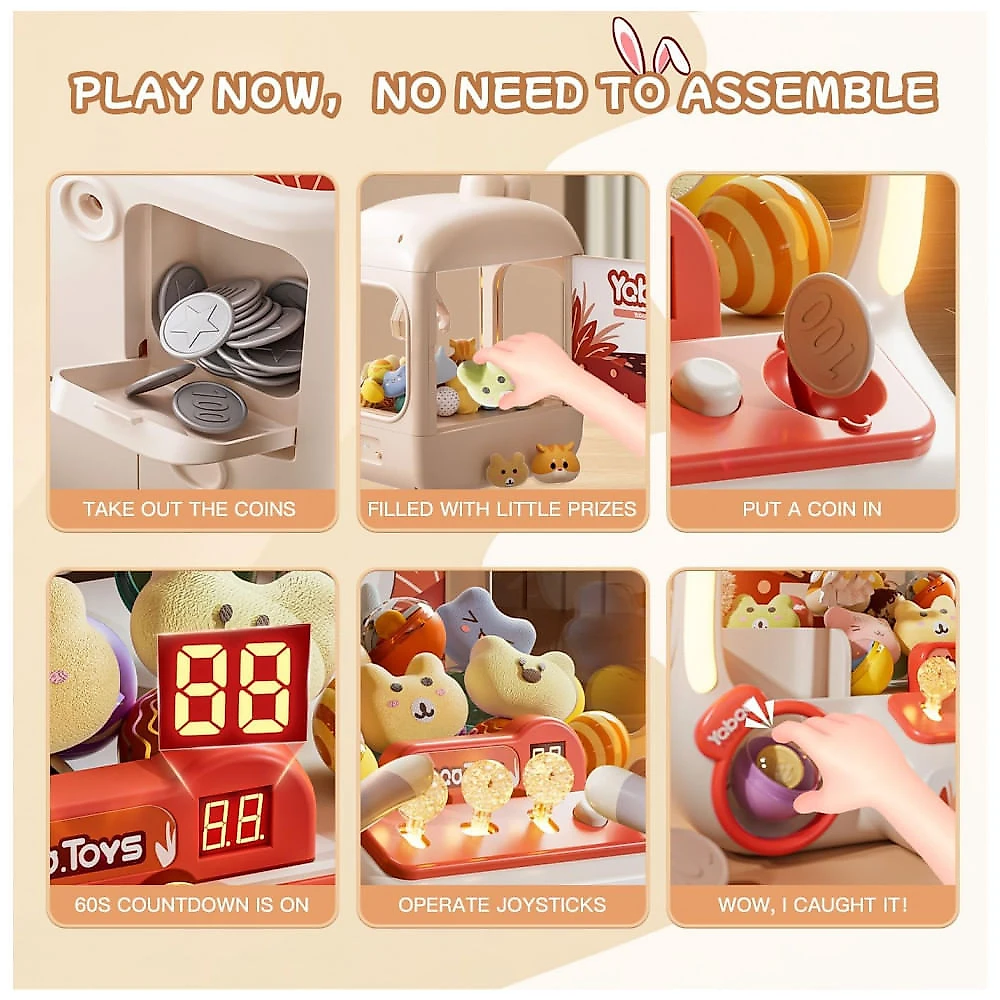 Máquina de Garra Grande para Crianças Vanvimen Bunny 64 PCS, Arcade Eletrônica de Brinquedos, Dispensador de Doces e Prêmios
