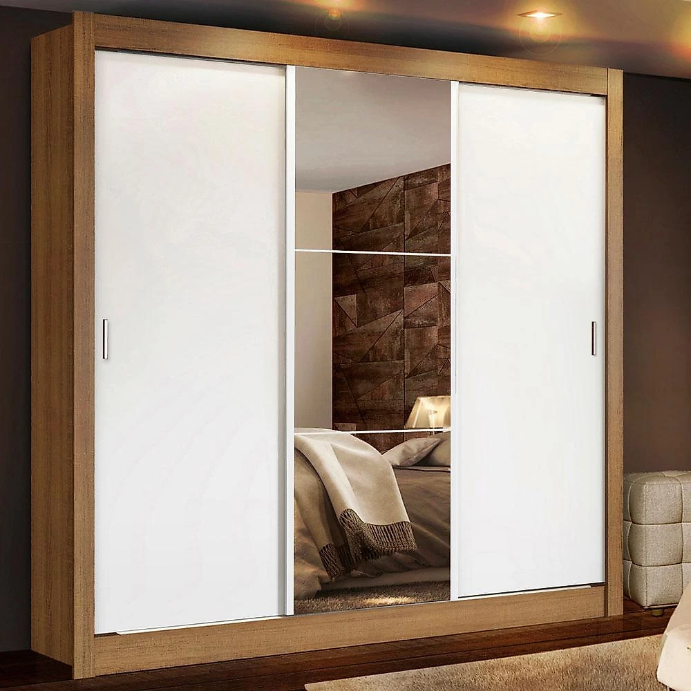 Guarda roupa casal madesa lyon plus 3 portas de correr com espelho 4 gavetas - rustic/branco