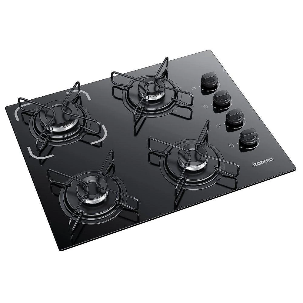 Cooktop 4 Bocas Itatiaia A Gás Em Aço Inox E Mesa Vidro Temperado Essencial Preto - Bivolt