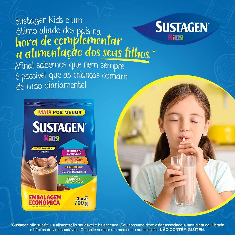 Miniatura Complemento Alimentar Sustagen Kids Chocolate Sachê 700g