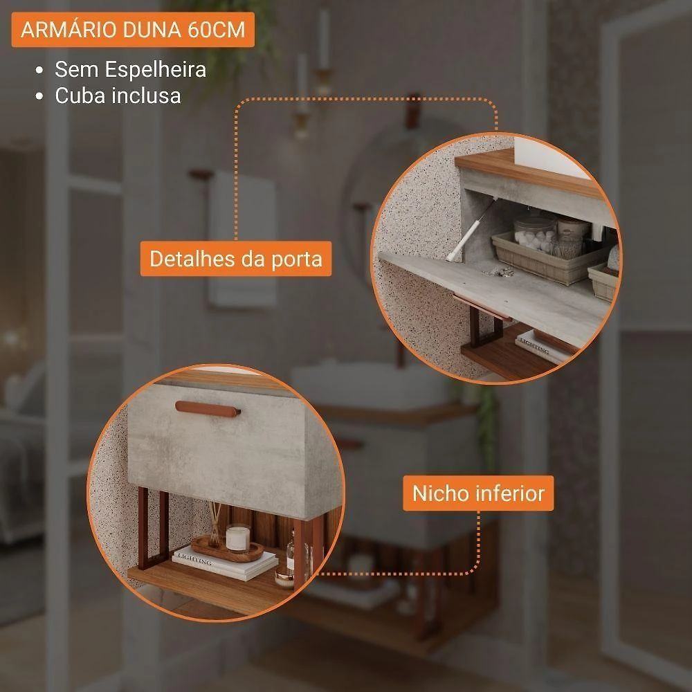 Miniatura Gabinete Para Banheiro 60 Cm 100% Mdf Nicho 1 Porta Basculante Duna Mgm Móveis Cimento/freijo Cimento/freijo