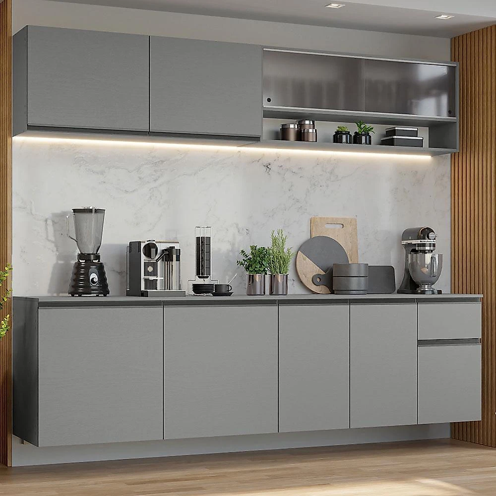 Armário de cozinha completa suspenso 240cm cinza nice madesa 04