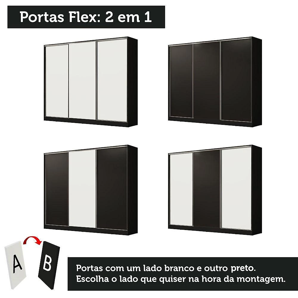 Guarda roupa casal 100% mdf madesa royale 3 portas de correr - preto/preto/branco