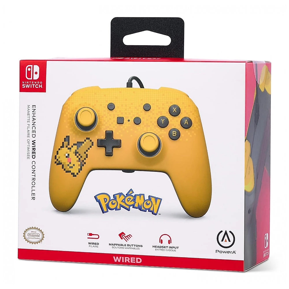 Controle com fio PowerA Enhanced para Nintendo Switch Pixel Pikachu com entrada de áudio e botões avançados mapeáveis