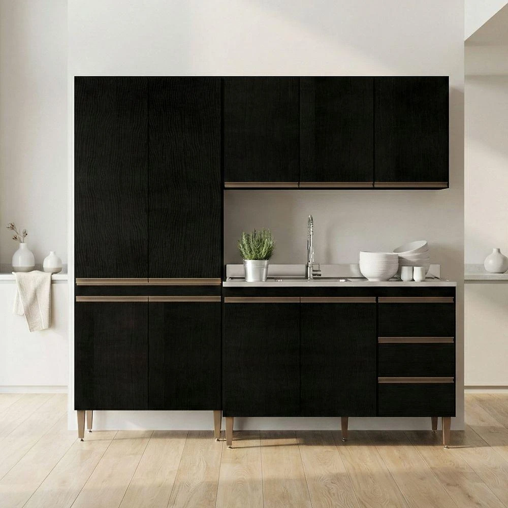 Armário de Cozinha Milão 3 Peças 3 Portas 2 Gavetas MDF MDP 200CM Preto
