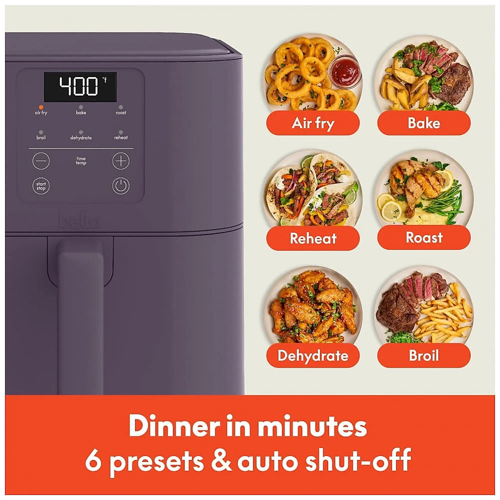 BELLA Air Fryer Slim 6 QT com Revestimento Cerâmico EverGood, 6 Modos, Capacidade 5 lb, Termostato Ajustável e Desligamento Automático