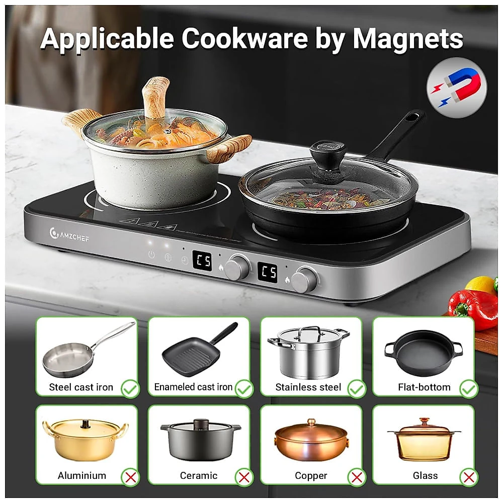 Cooktop Eltrico de Induo Porttil com Queimador Duplo, Frigideira de Ferro Fundido Removvel Antiaderente, Sensor de Toque, 9 Nveis de Potncia e 110v