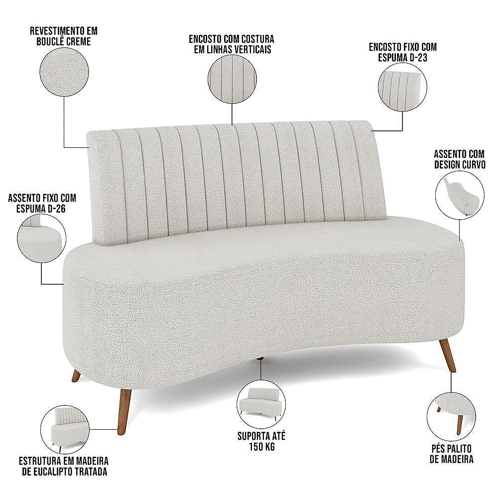 Sofá Chaise Living 2 Lugares 160cm Para Sala Cayman K01 Bouclê Creme