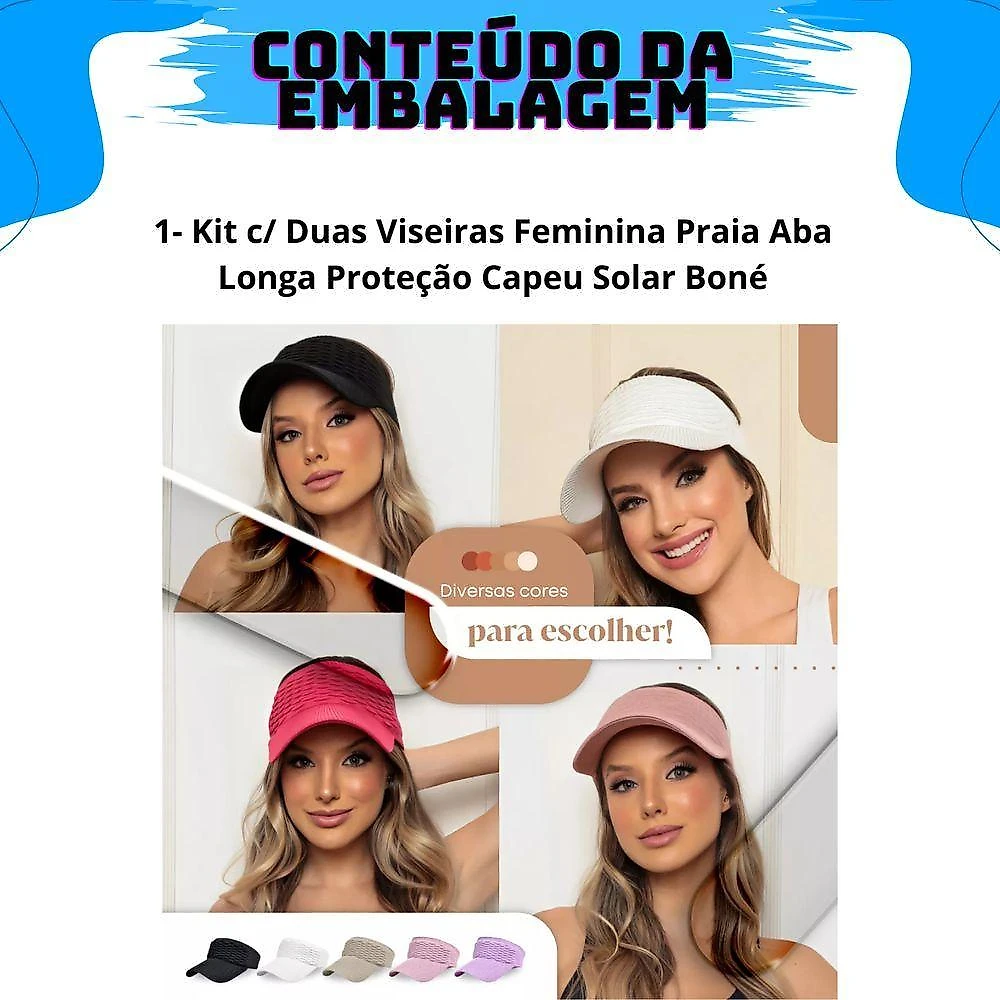 Kit 2 Viseiras Bonés Moda Blogueira Aba Longa Respirável Proteção Solar Verão Modelo 5