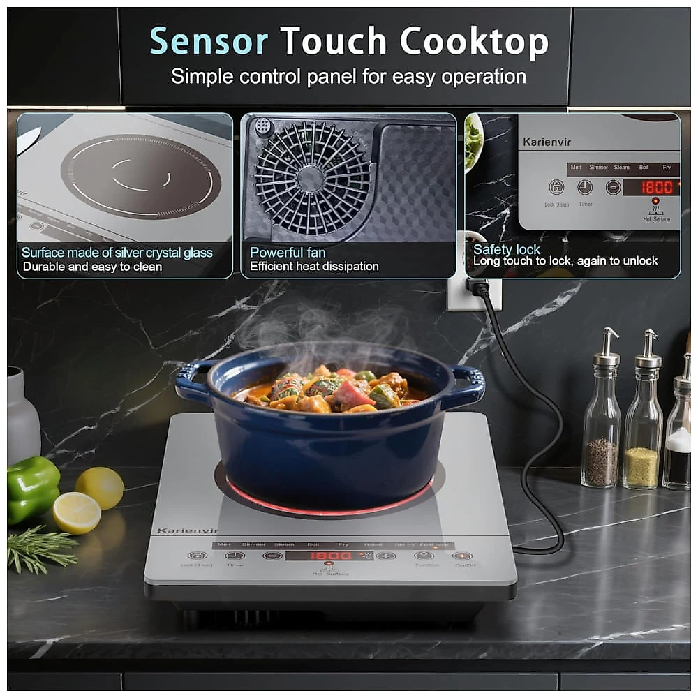 Cooktop Elétrico de Uma Boca, Fogão Elétrico Portátil 110V, Controle por Toque, Trava de Segurança, Timer - Níveis de Potência, 1800W Cinza,Karienvir