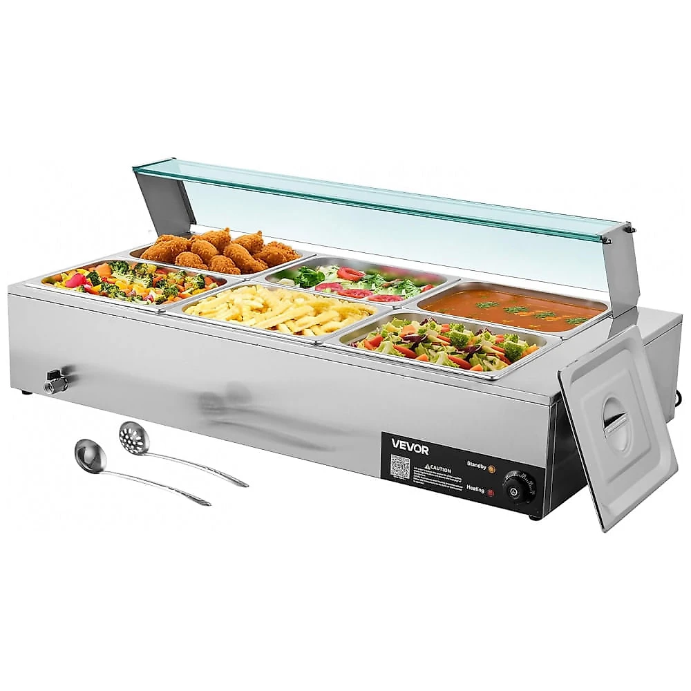 Aquecedor de Alimentos Buffet VEVOR M-2223 Banho-Maria 6 Cubas Aço Inox Tampa de Vidro 1500W 110V