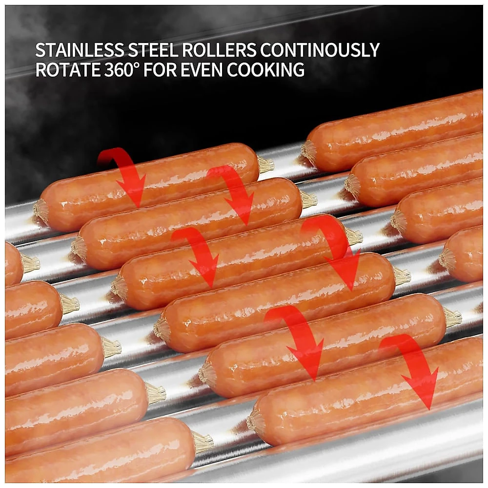 Máquina de Salsicha e Hot Dog Awgpd Grill, 5 rolos, capacidade para 12 hot dogs, 750W, controle de temperatura duplo, tampa de vidro, prateleira