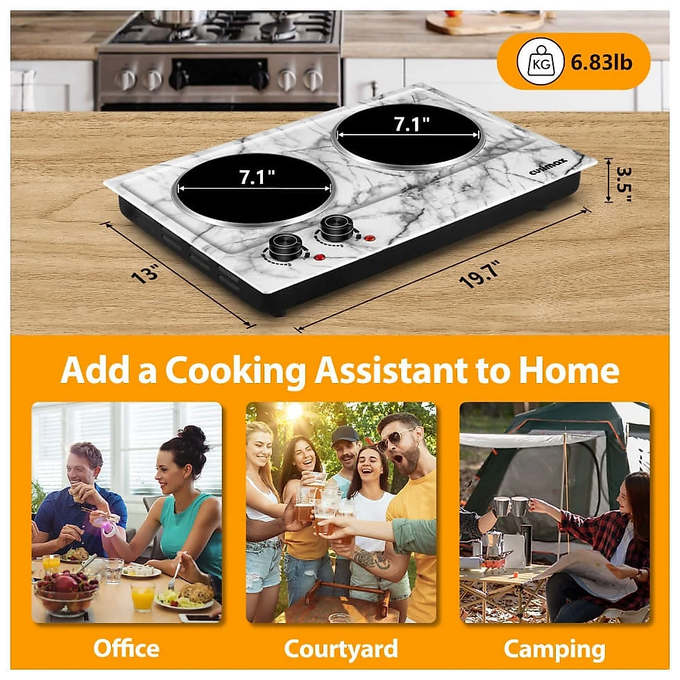 Cooktop Elétrico de Bancada com 2 Queimadores e Controle de Temperatura Ajustável, 110V 1800W, Cusimax, Branco Marmore