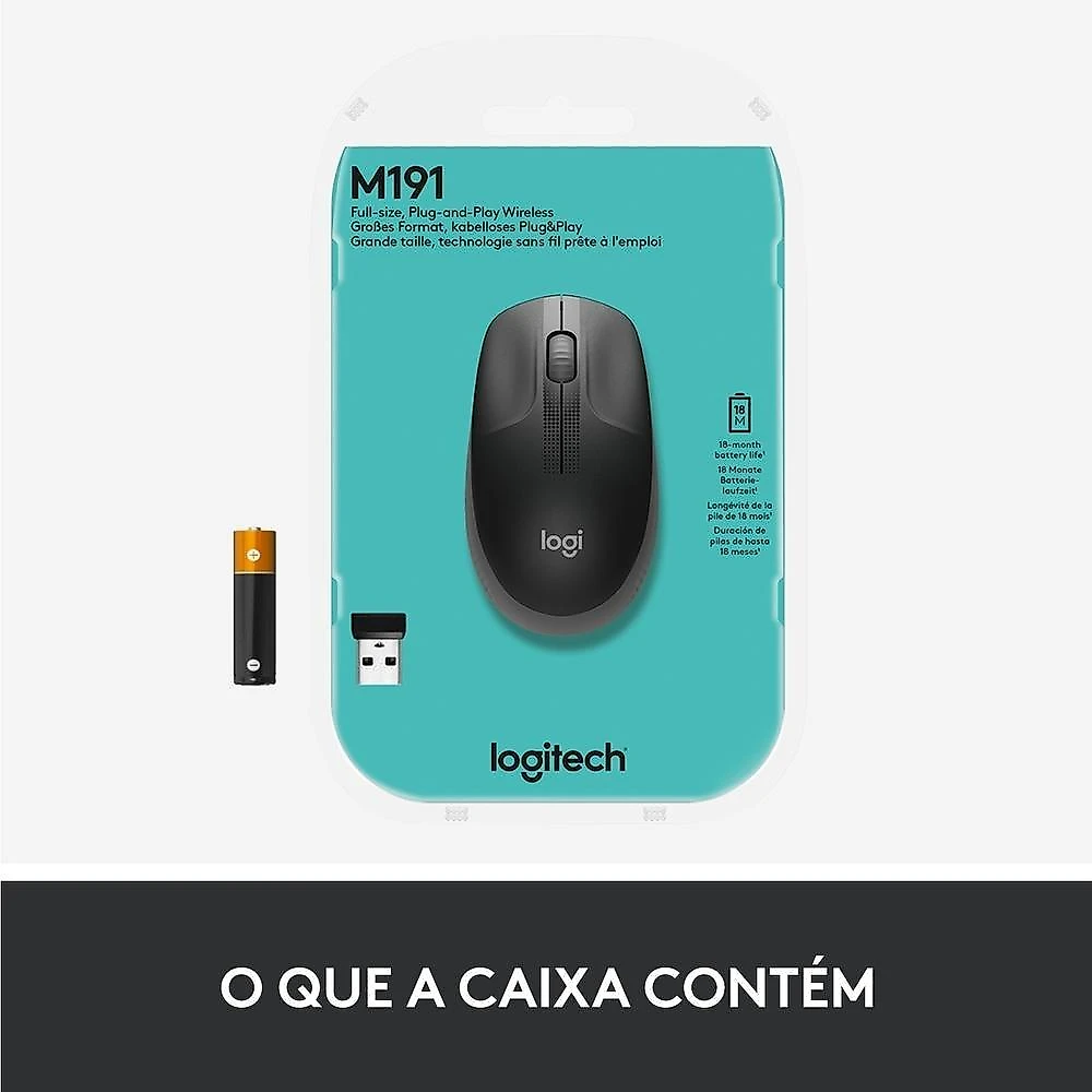 Mouse sem fio Logitech M190 com Design Ambidestro de Tamanho Padrão, Conexão USB e Pilha Inclusa, Cinza - 910-005902