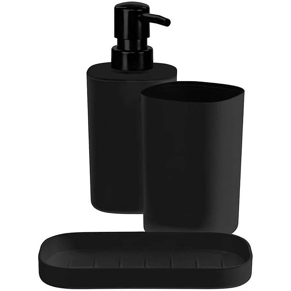 Kit Utensílios para Banheiro 3 Peças Saboneteira Porta Escovas Dispenser Preto Ordene