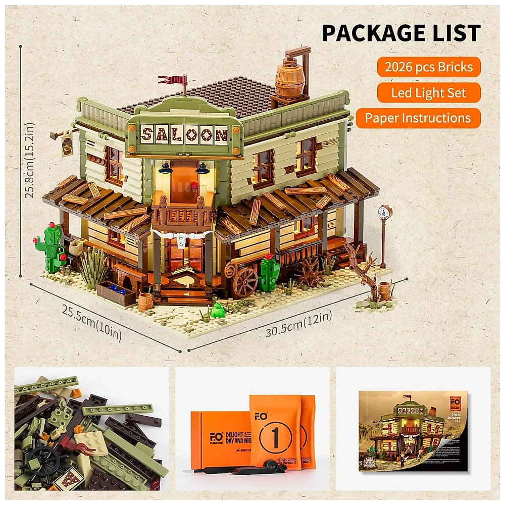 Kit de Construção Bar Western Saloon The Old West Saloon com Luz LED e 2026 Peças, FUNWHOLE, Verde