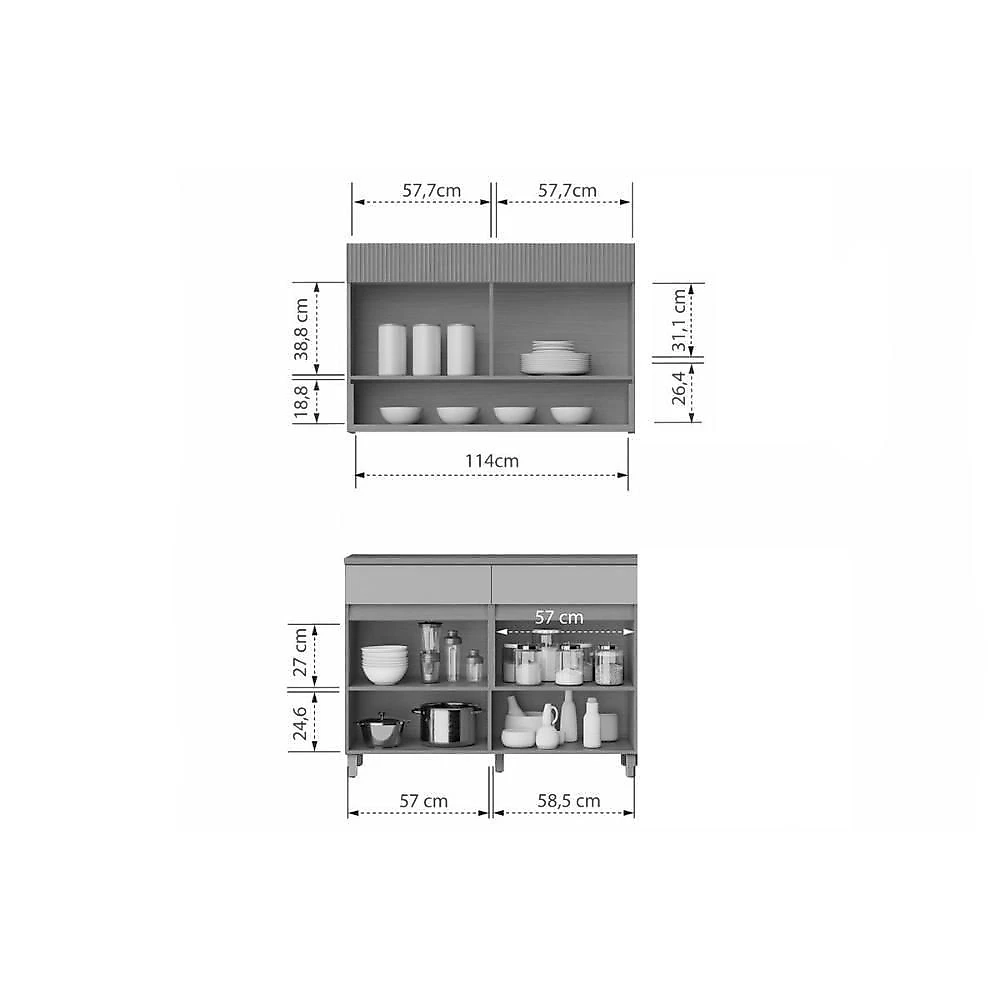 Cozinha Modulada Realeza 2 Portas 2 Gavetas MDF 120CM Carvalho e Titânio Nesher Móveis