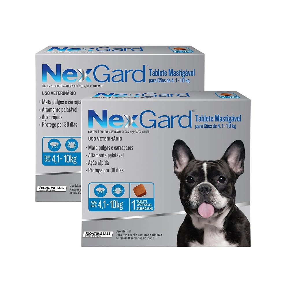 Miniatura Kit 2 NexGard Contra Pulgas e Carrapatos para Cães de 4,1 a 10kg 1 Tablete Mastigável