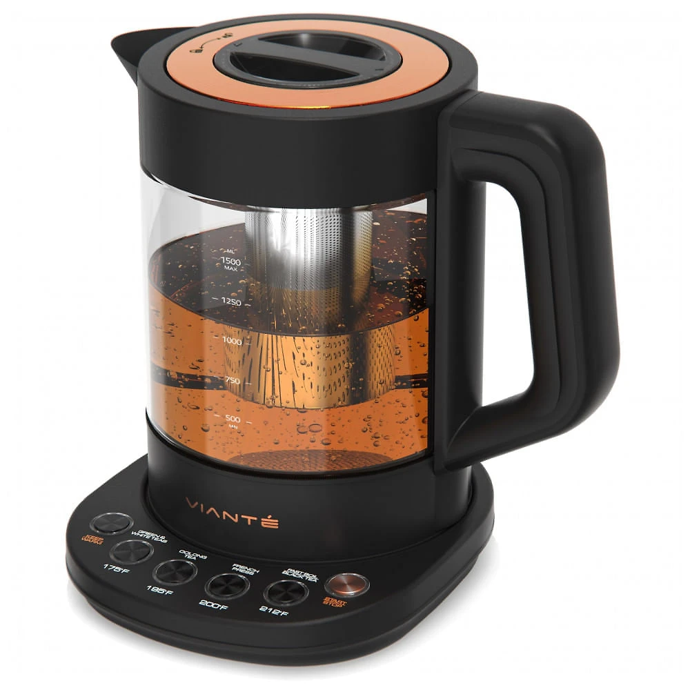 Chaleira elétrica de vidro com infusor Vianté preta controle de temperatura 1,5L programas para chá 100B, 110V