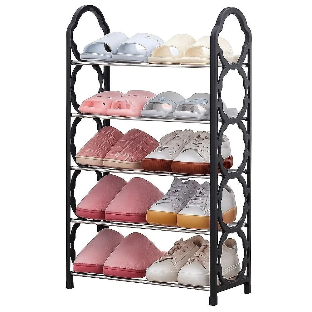 Sapateira Vertical Multiuso 5 Prateleiras para 10 Pares em Tubos de Metal e Plástico PVC Preto Yeet