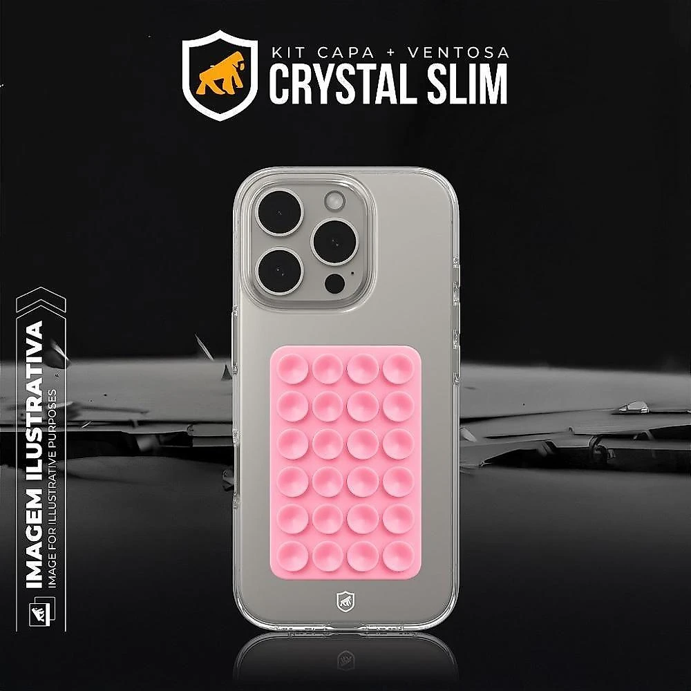 Kit Capa Crystal Slim Para Iphone 15 + Ventosa Rosa Gshield