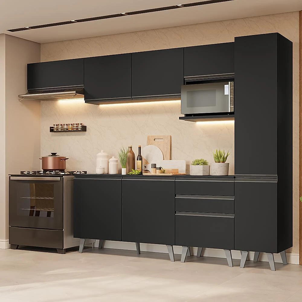 Armário de cozinha completa 300 cm preto nice madesa 05