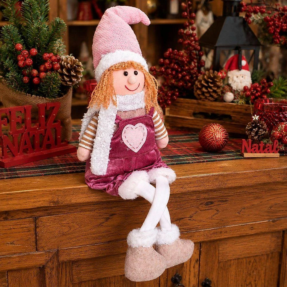 Dupla Boneco Natalino Criança Pernas Moles Decorativo Crianças Natalinas Rosa 64CM