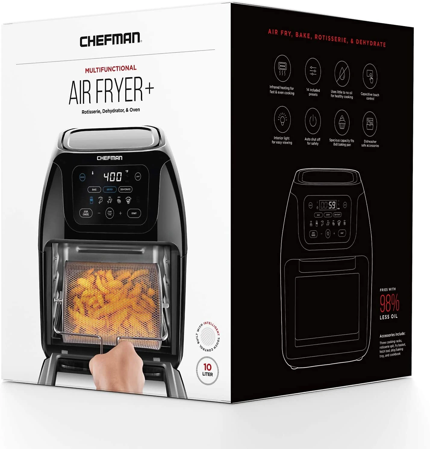 Chefman Fritadeira Elétrica Air Fryer 10L Multifuncional 17 Predefinições 110V1700W Preta